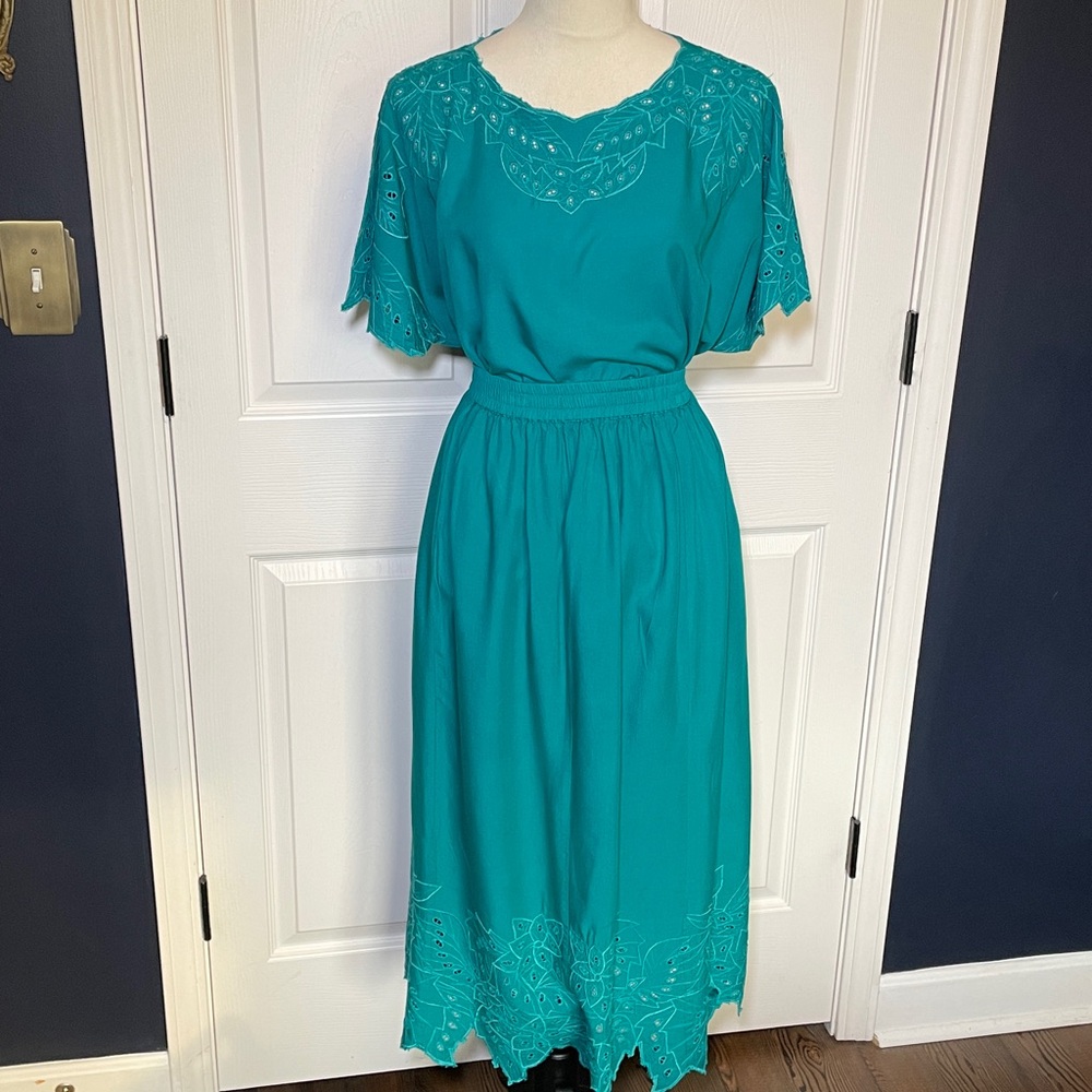 Vintage Bali Chic Teal Embroidered Two-Piece Embroidered Dress Set One Size
